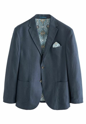 Dunkelblazer aus strukturiertem Stoff, mit einem gemusterten Innenfutter und einem passenden Taschentuch in der Brusttasche.