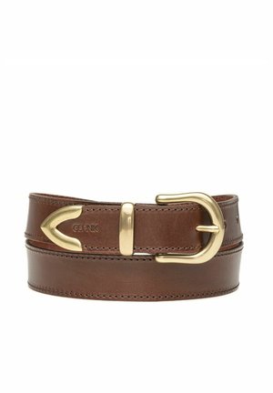 Brązowy skórzany pasek z klamrą w złotym odcieniu i detalami przeszyć. Projekt obejmuje subtelne logo wytłoczone na pasku.