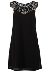 Robe noire sans manches avec empiècement en dentelle et bords froncés à l'encolure, avec fermeture à bouton goutte dans le dos.