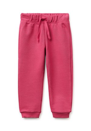 Kinder rosa Sweatpants mit elastischem Bund, Kordelzug, Seitentaschen und gerippten Bündchen am Knöchel auf weißem Hintergrund.