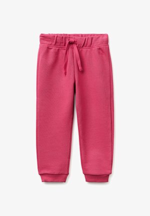 Kinder rosa Sweatpants mit elastischem Bund, Kordelzug, Seitentaschen und gerippten Bündchen am Knöchel auf weißem Hintergrund.