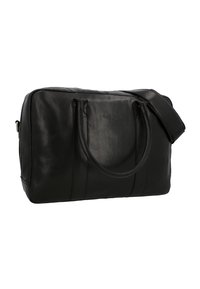 Sort lædertaske med to håndtag og aftagelig skulderrem. Glat tekstur med subtile syninger og lynlåslukning.