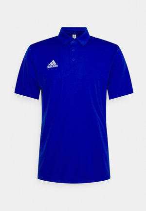 Blue polo shirt made of smooth fabric, featuring a classic collar, short sleeves, three buttons, and a white Adidas logo on the left chest.