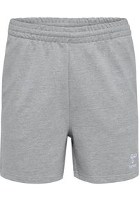 Pantalones cortos gris con cintura elástica, tela suave y pequeño logo blanco de hummel en la parte inferior derecha de la pierna.