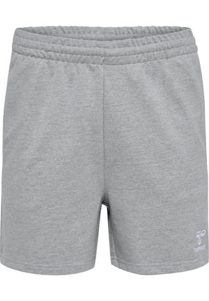 Light gray athletic shorts made of soft fabric. Features an elastic waistband and a small white logo on the left side. Simple design.