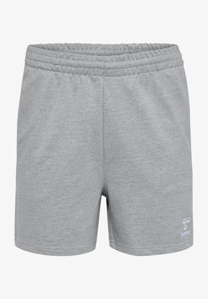 Light gray athletic shorts made of soft fabric. Features an elastic waistband and a small white logo on the left side. Simple design.