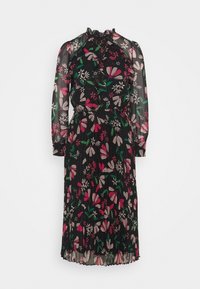 Schwarzes Midikleid mit langen Ärmeln, pinkem, weißem und grünem Blumenmuster, plissiertem Rock, hohem rüschengesäumtem Kragen und elastischem Bund.