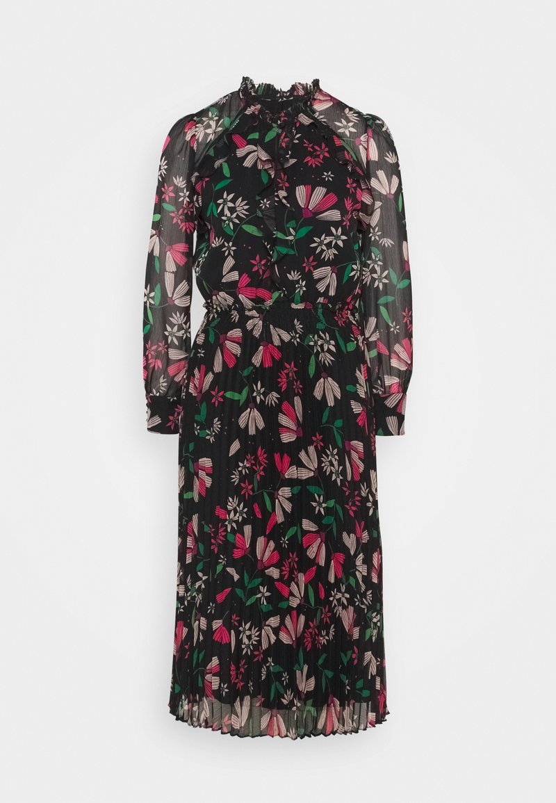Schwarzes Midikleid mit langen Ärmeln, pinkem, weißem und grünem Blumenmuster, plissiertem Rock, hohem rüschengesäumtem Kragen und elastischem Bund.