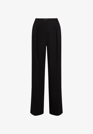 Melni platie bikses no gludas auduma ar augstu vidukli, priekšpusē ar krokām un tīru, precīzu apdari.