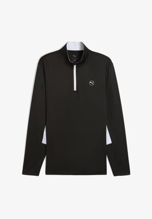 Black long-sleeve pullover with a half-zip collar, featuring white side accents and a small logo on the chest. Smooth texture.