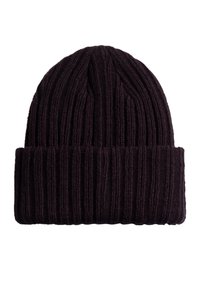Gebreide beanie in donkerpaars, met een ribbelstructuur en een omgeslagen manchet voor extra warmte en comfort.