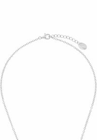 Collana in argento con chiusura a moschettone e catena di estensione con un piccolo ciondolo. Texture liscia e lucida con maglie uniformi.