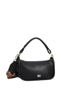 Borsa a tracolla in pelle nera con forma curva, hardware color oro e tracolla removibile con motivo a spina di pesce.