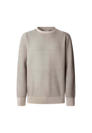Light grey knit sweater with a round neck, long sleeves, ribbed cuffs and hem, featuring a subtle logo on the front. Textured surface.