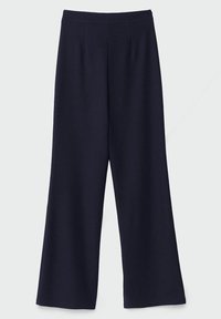 Pantalon bleu marine à jambes larges avec une taille haute et un devant lisse, présenté sur un fond clair uni.