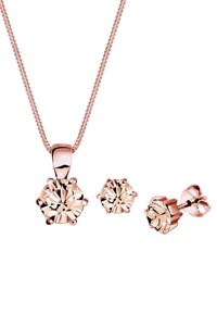 Schmuckset aus Roségold mit einer Anhängerhalskette und passenden Ohrsteckern. Der Anhänger zeigt einen großen runden Kristall mit Krappenfassungen.