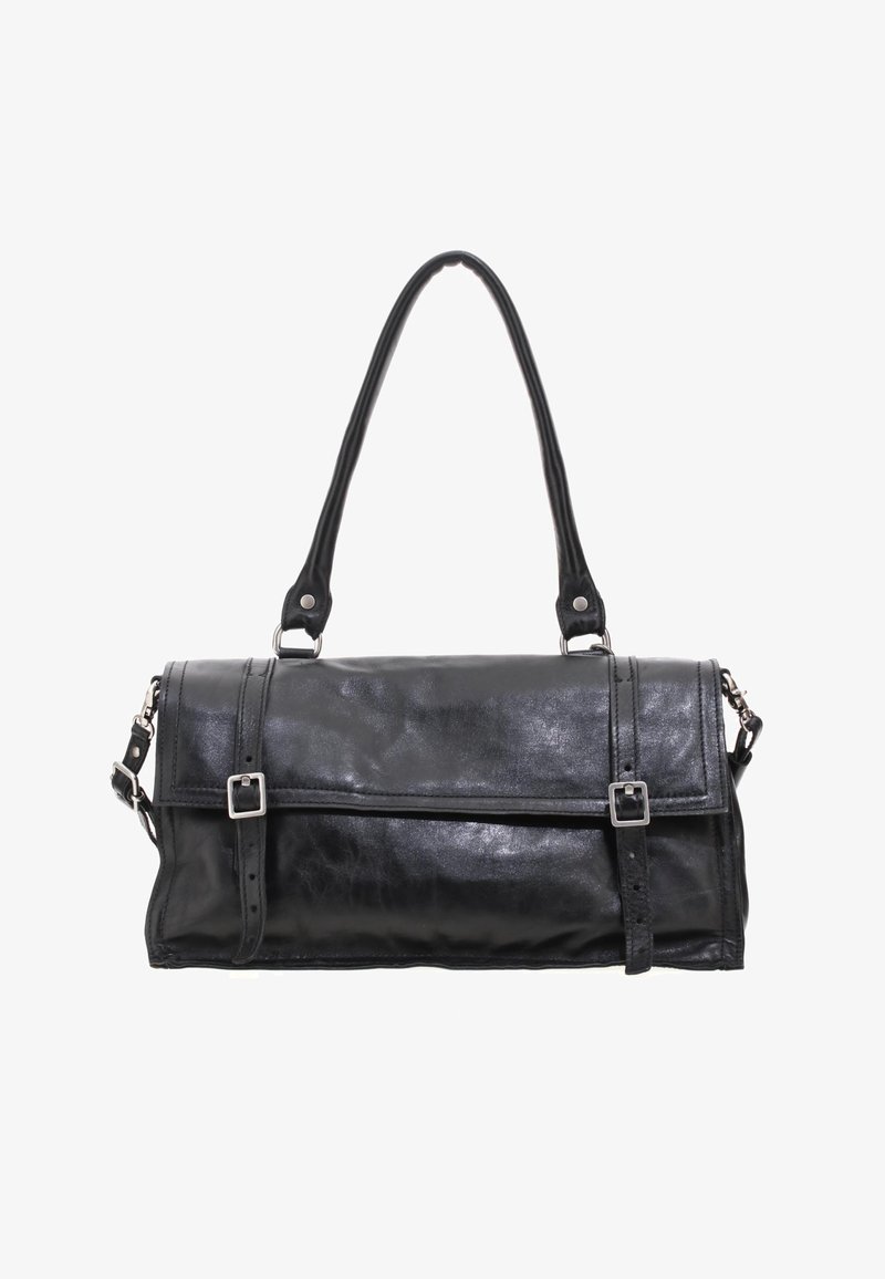 Sac à main en cuir noir avec deux sangles réglables à boucles sur le rabat avant et une seule anse longue.