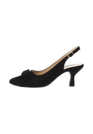 Schwarzer Slingback-Pumps aus Wildleder mit mittelhohem Kitten-Heel und dekorativer Schleife an der spitzen Zehenpartie, ausgestattet mit einem goldenen Schnallenriemen.