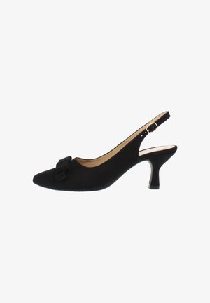 Black suede slingback pump with medium kitten heel and decorative bow on pointed toe, featuring a gold buckle strap.