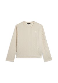 Maglione a maniche lunghe color crema con motivo a treccia testurizzato, scollo rotondo e un piccolo logo nero sul petto.