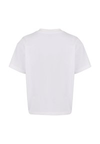 Balta trumpa rankovė t-shirt su apvalia apykakle, pagaminta iš švelnios medvilnės audinio. Iš nugaros pusės matomas paprastas, be puošmenų dizainas.