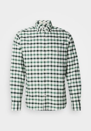 Green and white checkered long-sleeve shirt made of cotton, featuring a button-down collar and a small embroidered logo on the chest.