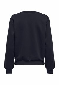 Mørkeblå sweatshirt med lange ærmer, rund hals, ribbede manchetter og talje. Glat tekstur, ingen synlige mønstre eller udsmykninger.