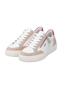 White and beige sneakers with a textured suede front, smooth leather sides, white laces, and a pink accent on the heel. Features a side zipper.