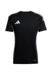 Zwarte sport T-shirt met korte mouwen, voorzien van witte zijstrepen en een Adidas-logo aan de voorkant, gemaakt van vochtafvoerende stof.
