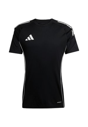 Zwarte sport T-shirt met korte mouwen, voorzien van witte zijstrepen en een Adidas-logo aan de voorkant, gemaakt van vochtafvoerende stof.