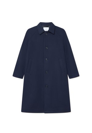 Navy wool blend coat with a button closure, long sleeves, and side pockets. Features a classic collar and a knee-length design.