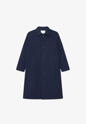 Navy wool blend coat with a button closure, long sleeves, and side pockets. Features a classic collar and a knee-length design.