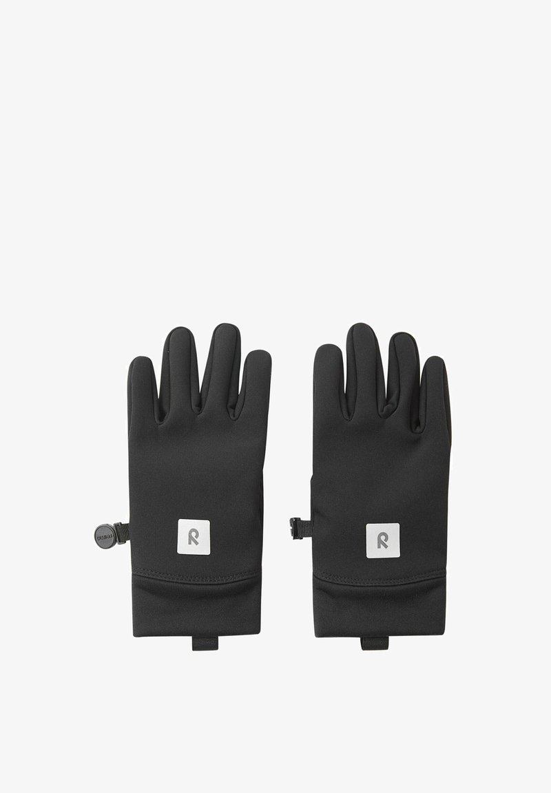 Paire de gants noirs avec attaches au poignet et écussons carrés réfléchissants sur le dos, conçus pour les temps froids ou une utilisation en extérieur.