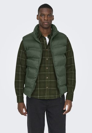 Gilet imbottito verde con colletto alto sopra una camicia button-up a quadri verde scuro. Presenta una chiusura a zip e dettagli di cucitura visibili.