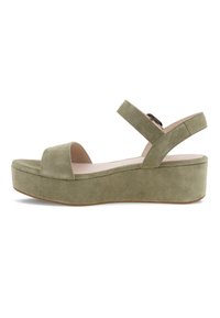 Sandale plateforme en croûte de cuir vert olive avec une large lanière à l'avant, une lanière réglable à la cheville et une semelle épaisse pour plus de hauteur et de stabilité.