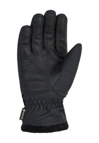 Black insulated glove featuring a leather palm, a textured surface, and a fleece-lined cuff. Includes a GORE-TEX label on the wrist.
