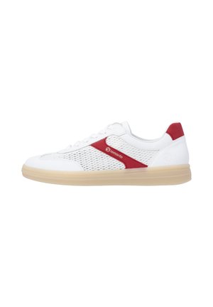 White low-top sneaker with beige sole, red accents, mesh side panels, and lace-up closure, viewed from the outer side.