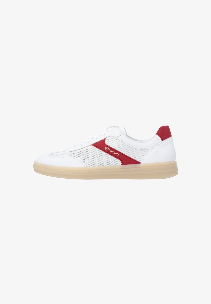 White low-top sneaker with beige sole, red accents, mesh side panels, and lace-up closure, viewed from the outer side.