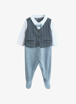 Grau gestreifter Weste mit Fliege über einem hellblauen, langärmeligen Body. Verfügt über Knöpfe und weichen Stoff, mit Füßchen.