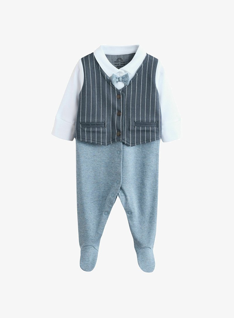 Gilet à rayures grises avec nœud papillon sur un bodysuit à manches longues bleu clair. Comprend des boutons et un tissu doux, avec des jambes pieds.