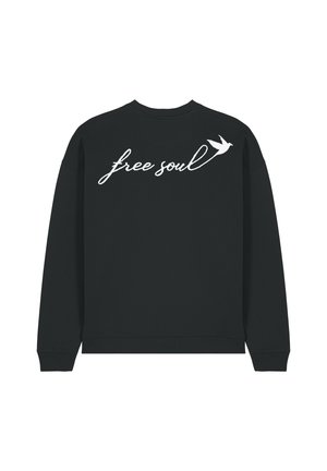 Schwarzer Sweatshirt mit langen Ärmeln. Mit weißem, gesticktem Text "free soul" und einem Vogelmotiv auf dem Rücken. Aus weichem Baumwollmischmaterial.