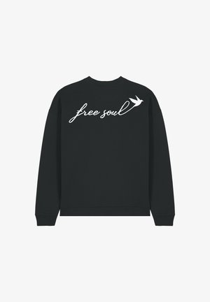 Czarny sweatshirt z długimi rękawami. Na plecach znajduje się biały haft z napisem "wolna dusza" oraz wzór ptaka. Wykonany z miękkiej mieszanki bawełny.