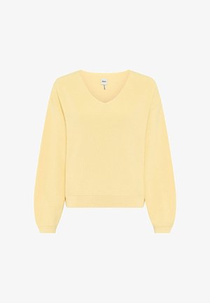 Light yellow V-neck knit sweater with long sleeves and ribbed cuffs and hem, displayed on a white background.