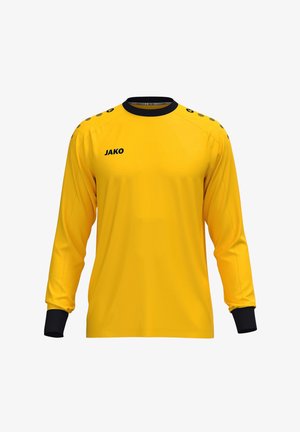 Gele sporttrui met lange mouwen, zwarte kraag en boorden, zwart JAKO-logo op de borst en zwarte stippen op de schouders, getoond tegen een effen achtergrond.