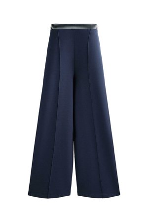 Marineblauwe wijduitlopende broek met hoge taille en elastische gestreepte tailleband, met verticale naden aan de voorkant.