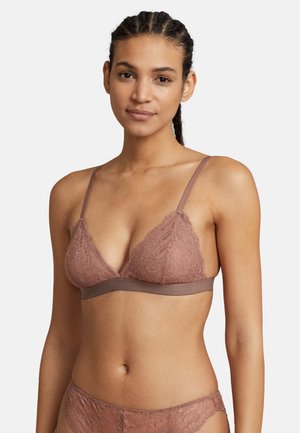 Spidset trekantet bralette i støvet rosa med en glat elastik. Har tynde justerbare stropper og et delikat blomstermønster.