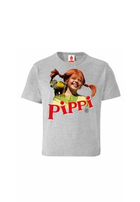 Grey cotton t-shirt featuring a large graphic with a girl, monkey, and "PIPPI" text in red. Round neckline, short sleeves, casual fit.