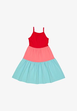 Farbblockiertes Kleid mit rosem Oberteil, korallenfarbener Mittelpartie und teal-farbenem Rock. Hergestellt aus weichem Stoff mit verstellbaren Trägern und gerafftem Taillenteil.