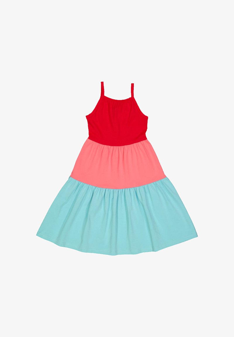 Šaty s barevným blokováním, obsahující červený živůtek, korálové střední části a tyrkysovou sukni. Vyrobeno z měkké látky s nastavitelnými ramínky a nařaseným pasem.