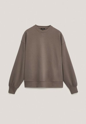 Sweat-shirt marron à manches longues avec col rond, poignets et ourlet côtelés, présenté sur un fond clair uni.